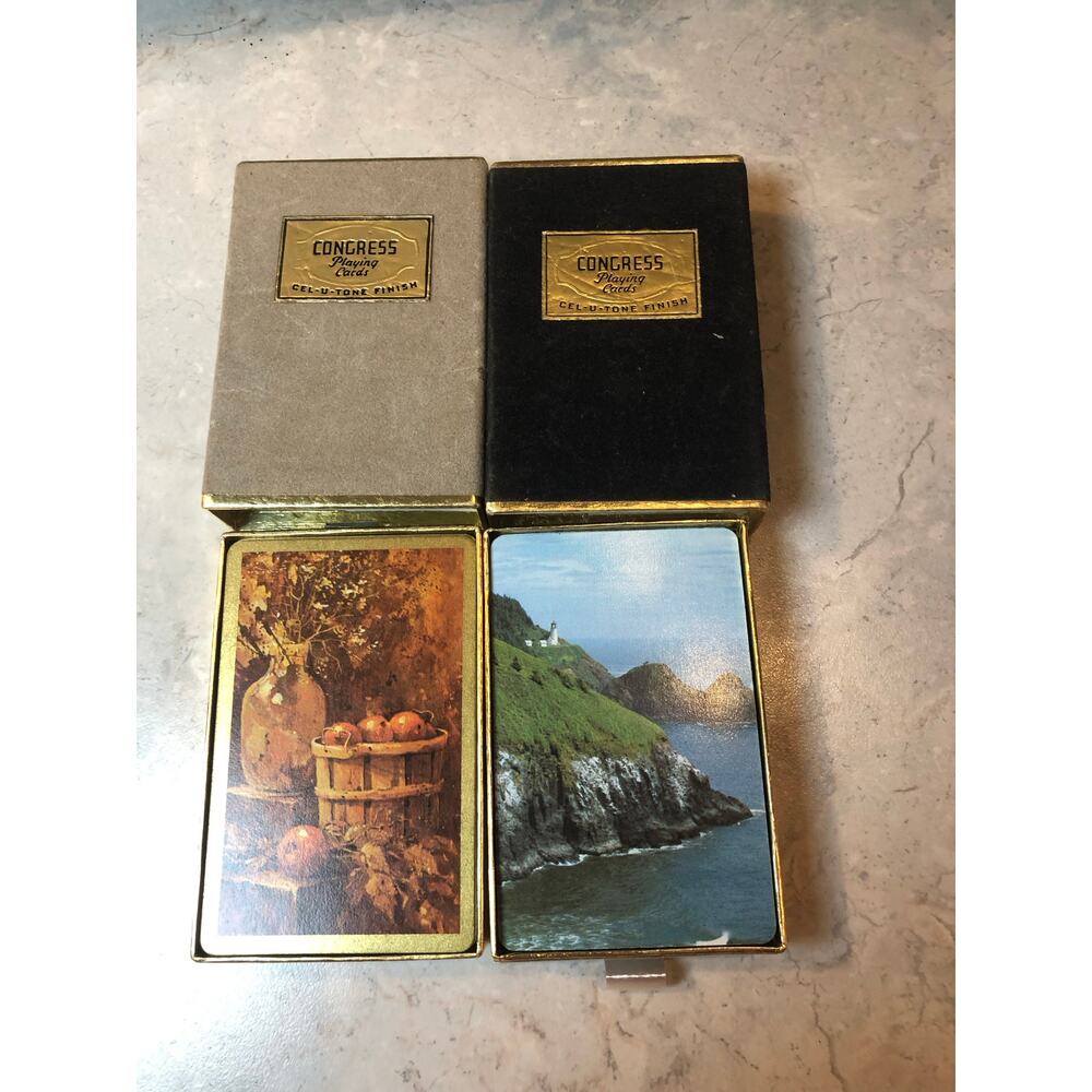 Vintage Playing Cards 2 packs Congress Cell-U-Tone finish. Water scene/fruit
